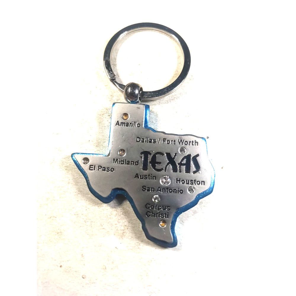 Texas metal Keychain Blue Silver Tone Rhinestone Map City - Picture 2 of 5